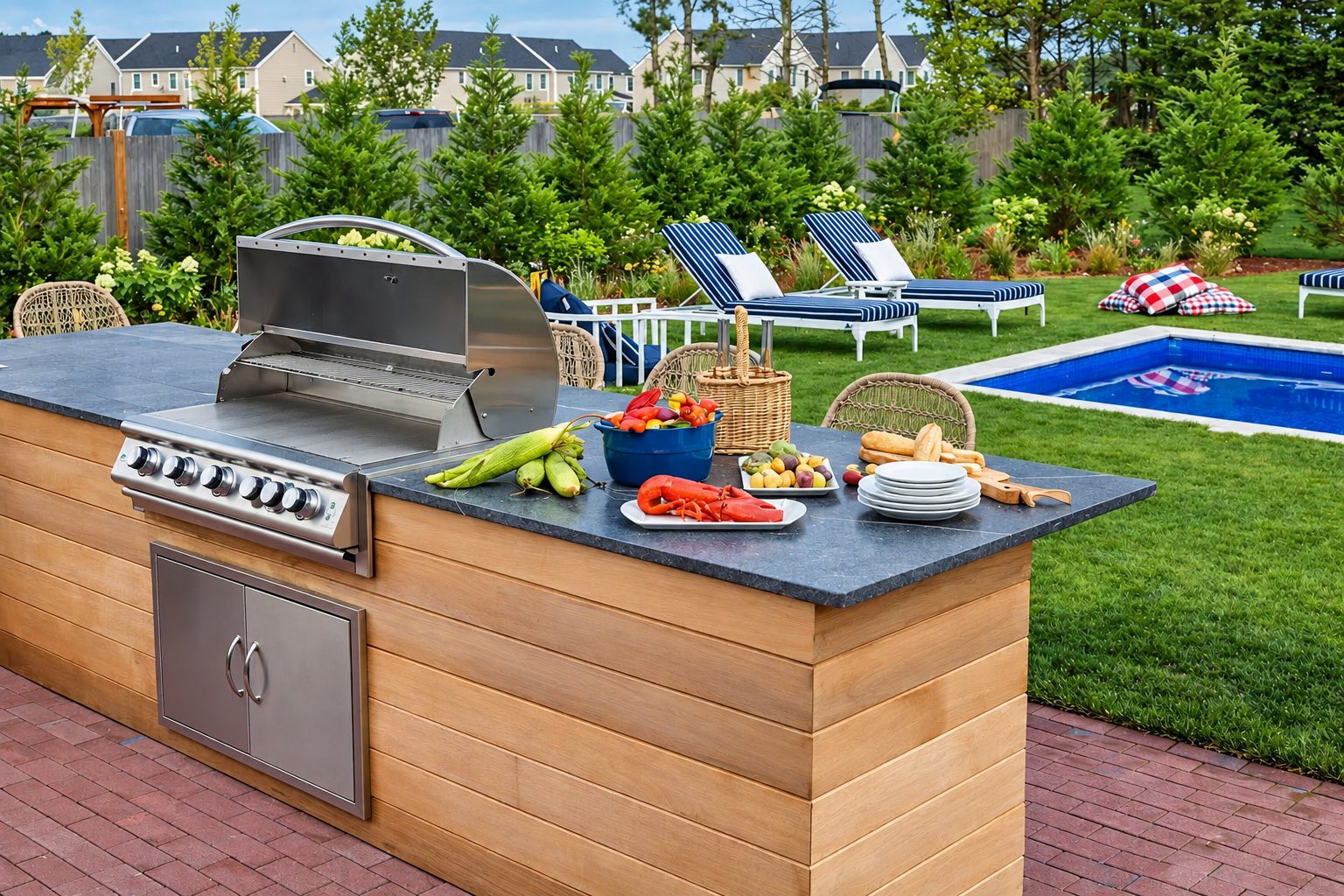 Outdoor kitchen island with a dark stone countertop and built-in grill, on a brick patio beside a pool