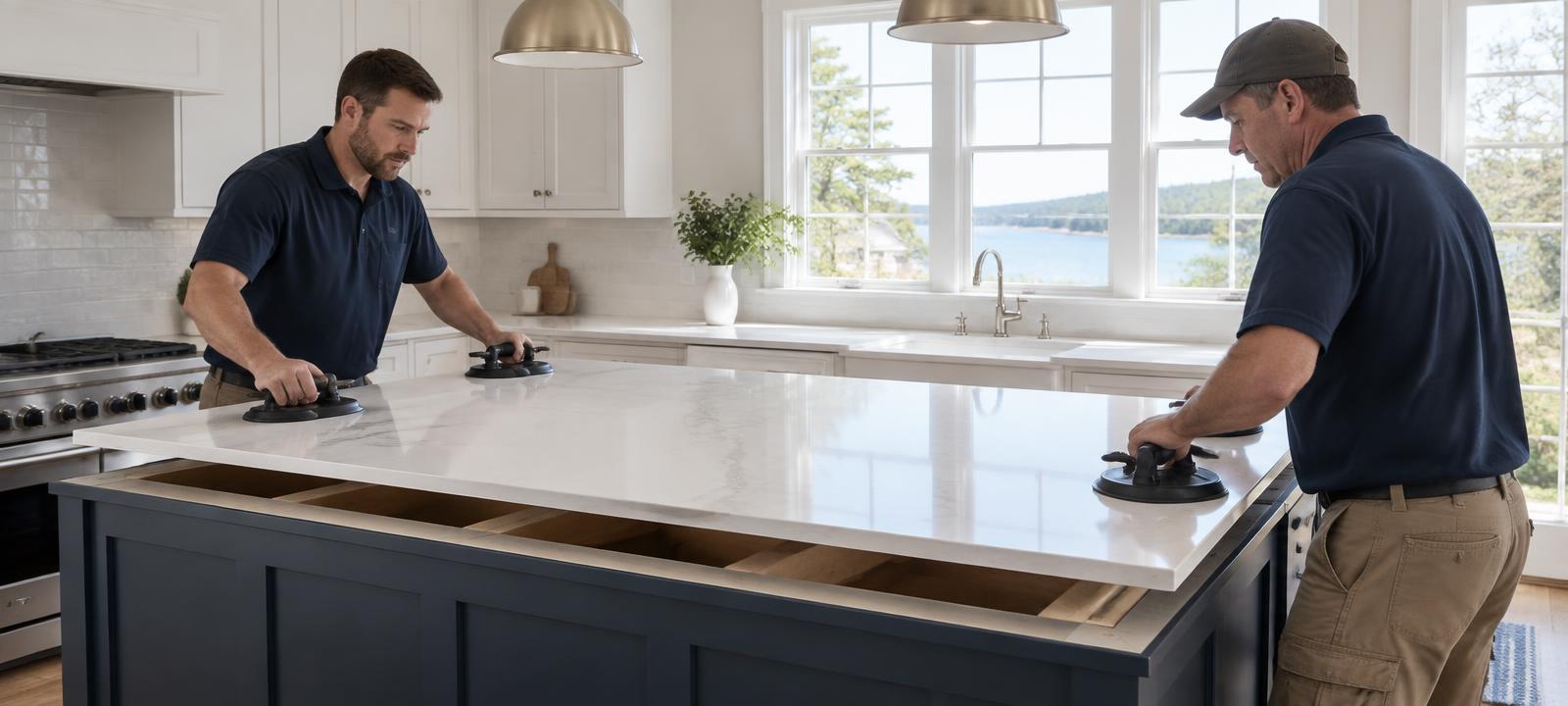 Dolabany Surfaces installers setting a countertop in a home kitchen